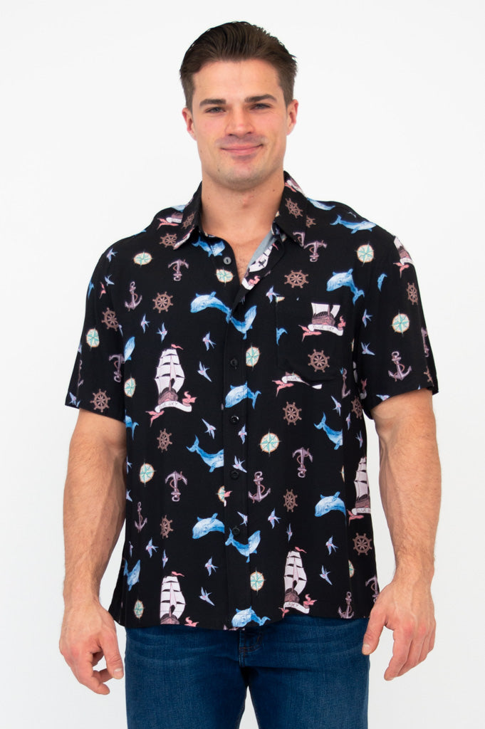 Dino Shirt for Men - Stylish Sailor Design Woven Bamboo Fabric - Perfect for Casual Wear & Summer Outfits