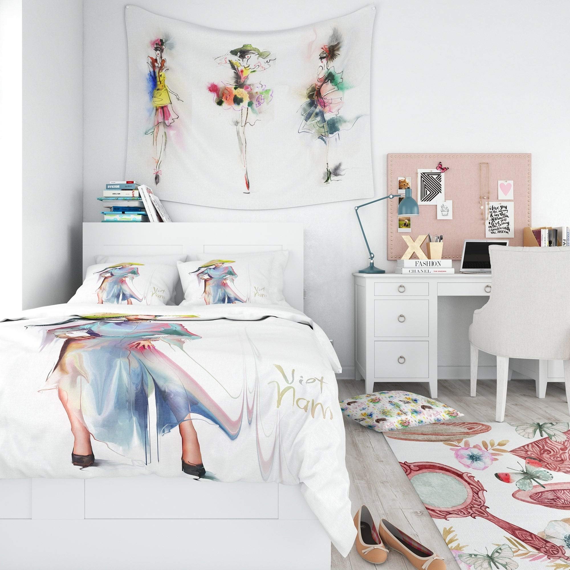 DESIGN ART 'Asian Women in Blue Dress' Portrait King Size Bedding Set - 3 Piece Duvet Cover & 2 Shams (Comforter Not Included) | Luxury Bohemian Home Decor for Master Bedroom, Guest Room & Photo Shoot Backdrop