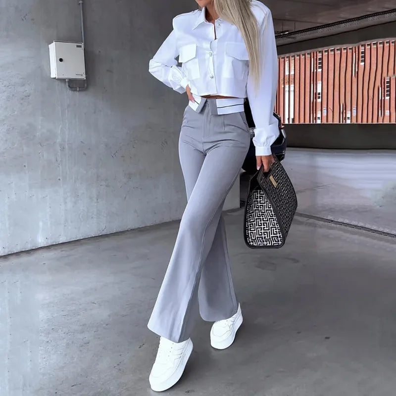 Elegant Women's Two-Piece Office Set - White Lapel Long Sleeve Blouse & Gray Pants Suit for Fall/Spring | Y2K Style Workwear for Business, Meetings & Professional Occasions