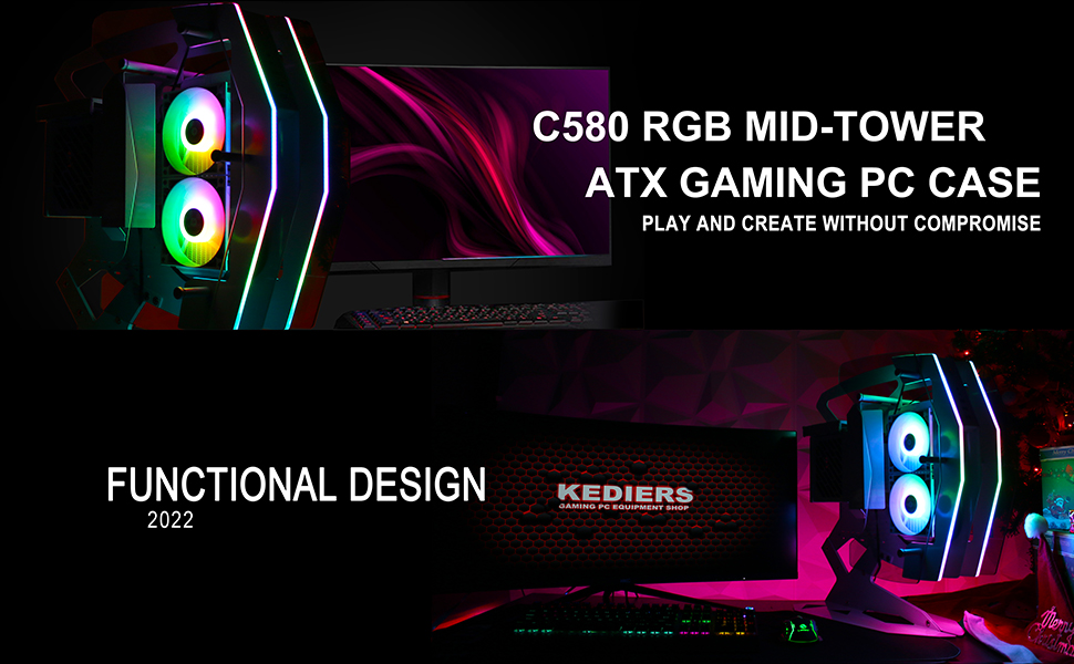 KEDIERS Innovative ATX Mid Tower PC Case - Tempered Glass Gaming Computer Case with 2 ARGB Light Boards & RGB Fans | Perfect for Gaming Rigs, Workstations & Custom PC Builds