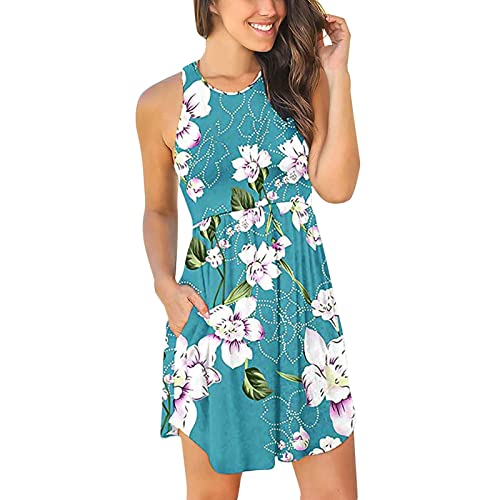 Women's Floral Print Sleeveless A-Line Summer Dress with Pockets - Casual Tank Sundress for Beach, Vacation & Outdoor Activities (Blue, Size S)