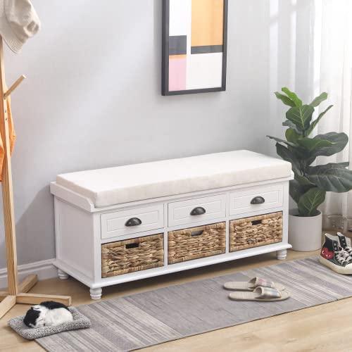 3-Drawer Storage Bench with Removable Cushion & Rattan Baskets - Entryway Shoe Bench for Hallway, Living Room | White Entry Bench for Organizing Shoes, Hats & Home Decor