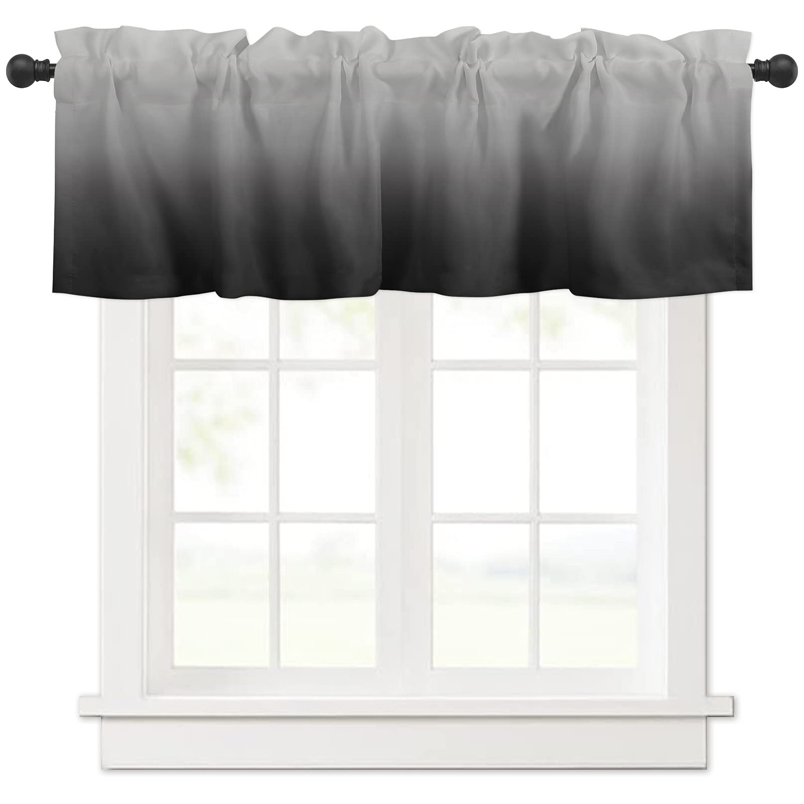 Elegant Gray Black Gradient Window Valances - Semi-Sheer Rod Pocket Curtains for Living Room, Bedroom, Kitchen, Bathroom (54x18 Inches) | Perfect for Dining Room & Laundry Room Decor