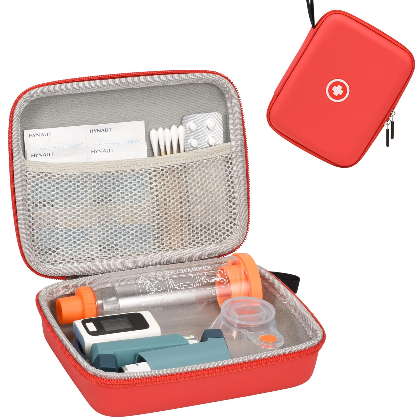Portable Asthma Inhaler Travel Case for Kids & Adults - Durable Hard Shell with Mesh Pocket for Medicine & Accessories - Ideal for Travel, School & Daily Use (Red, Case Only)