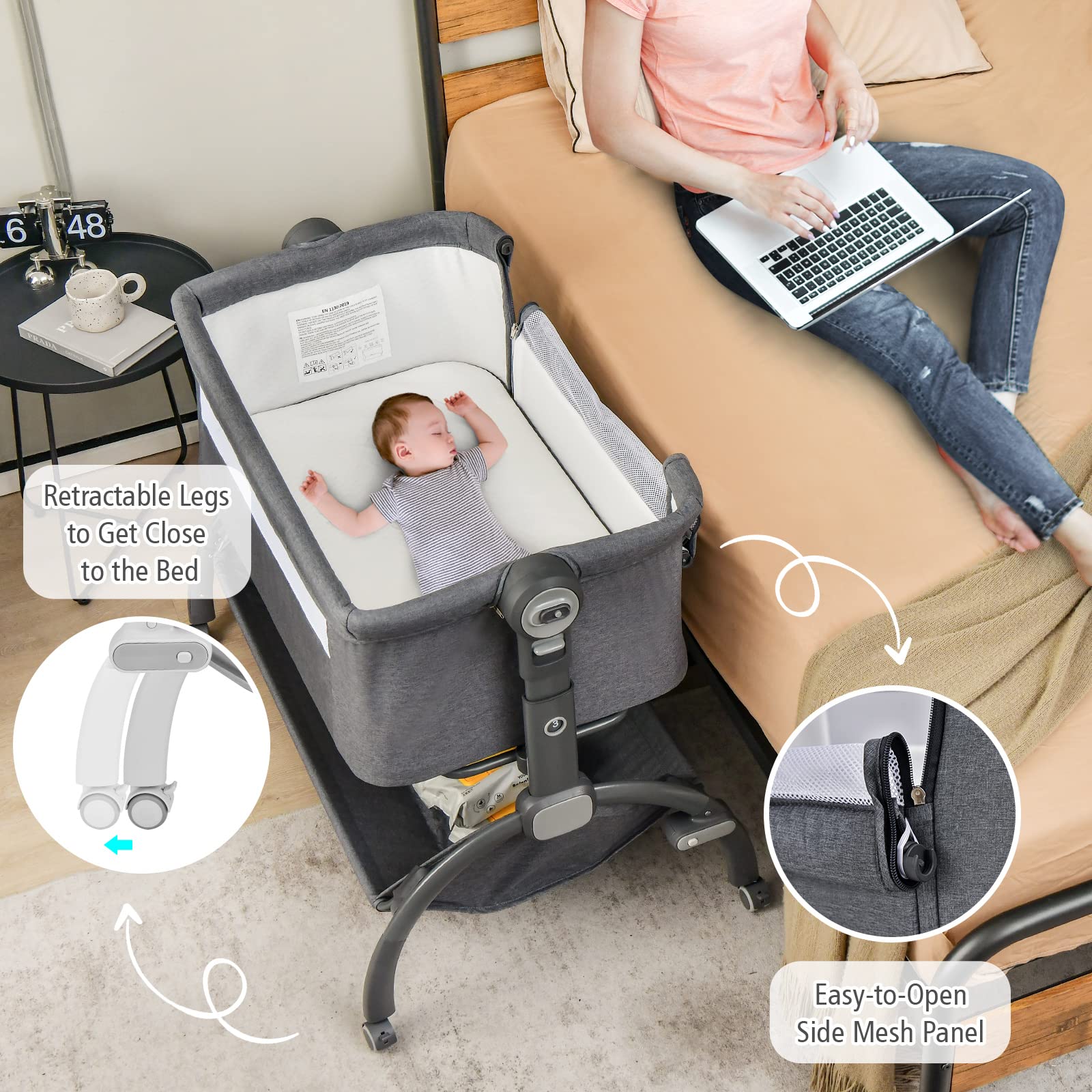 HONEY JOY 3-in-1 Portable Baby Bassinet & Bedside Sleeper with Soft Mattress, Storage Basket & Carry Bag - Adjustable Height Crib for Newborns, Infant Travel Crib with 4 Lockable Wheels (Gray) | Perfect for Nursery, Bedroom Co-Sleeping & Family Travel