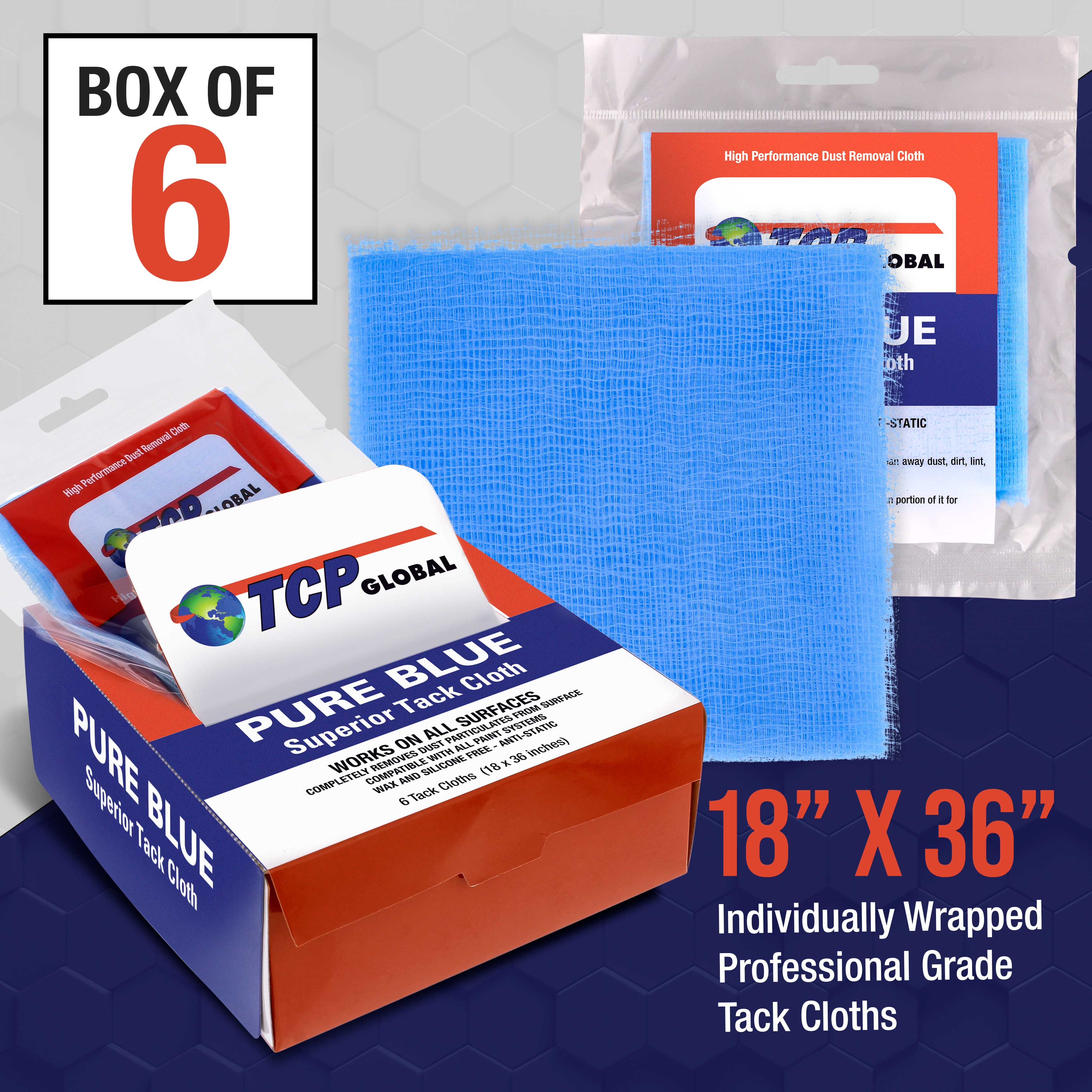 Pure Blue Superior Tack Cloths (Box of 6) - Professional Grade Automotive Tack Rags for Car Painters | Dust & Sanding Particle Remover, Surface Cleaner | Wax-Free, Silicone-Free & Anti-Static | Perfect for Auto Body Prep, Woodworking & Metal Finishing