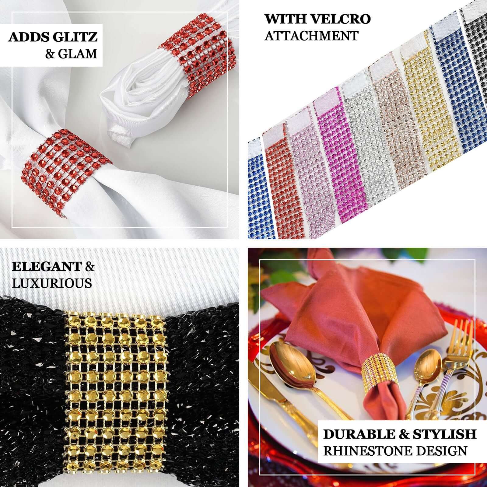 10 Pack Rhinestone Napkin Rings with Velcro Brooch Buckle - Elegant Champagne Wedding Decor for Chair Sashes, Table Settings & Bridal Shower Party Decorations