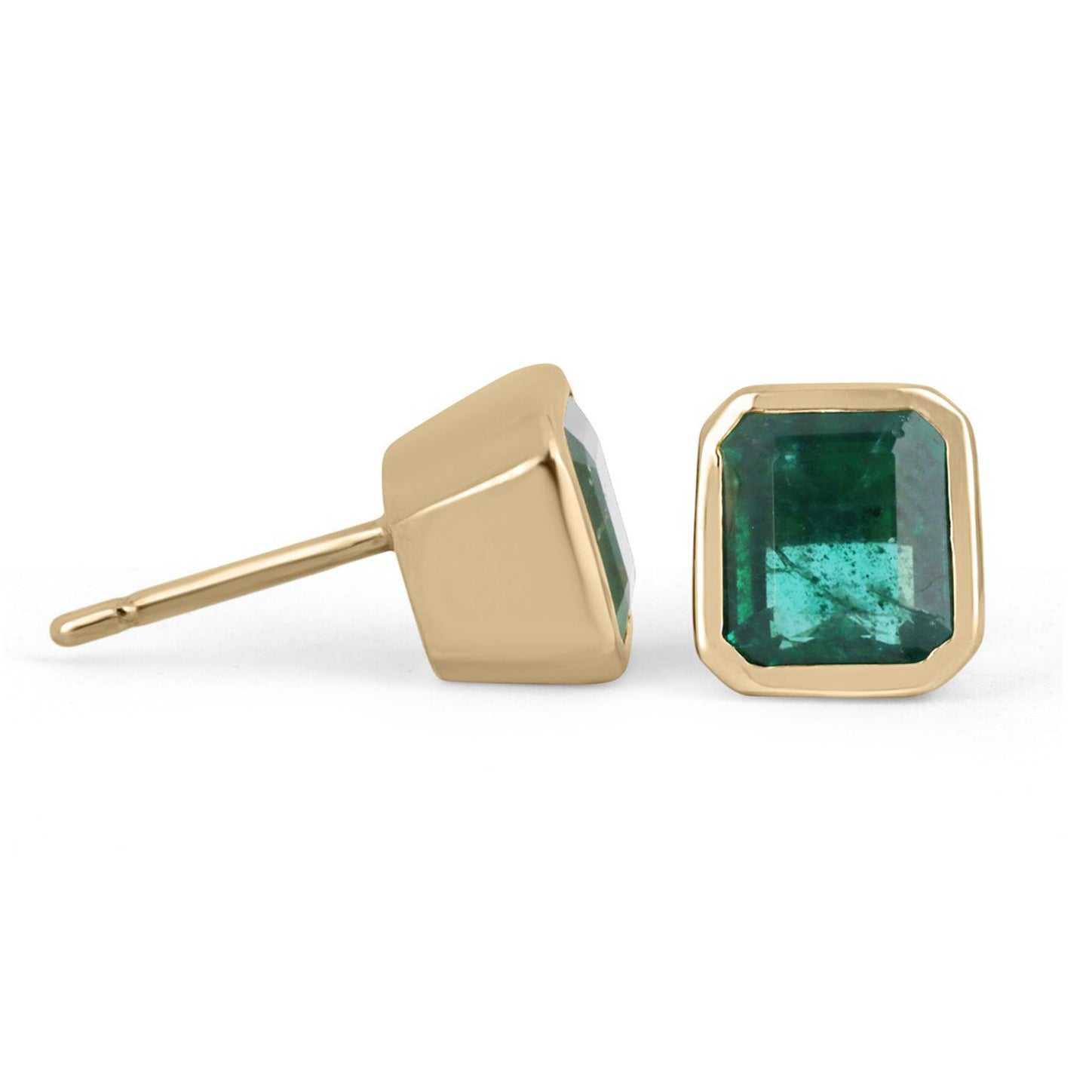 2.20tcw Asscher Cut Natural Dark Green Emerald Earrings - 14K Gold Bezel Set for Women | Perfect for Weddings, Parties & Special Occasions