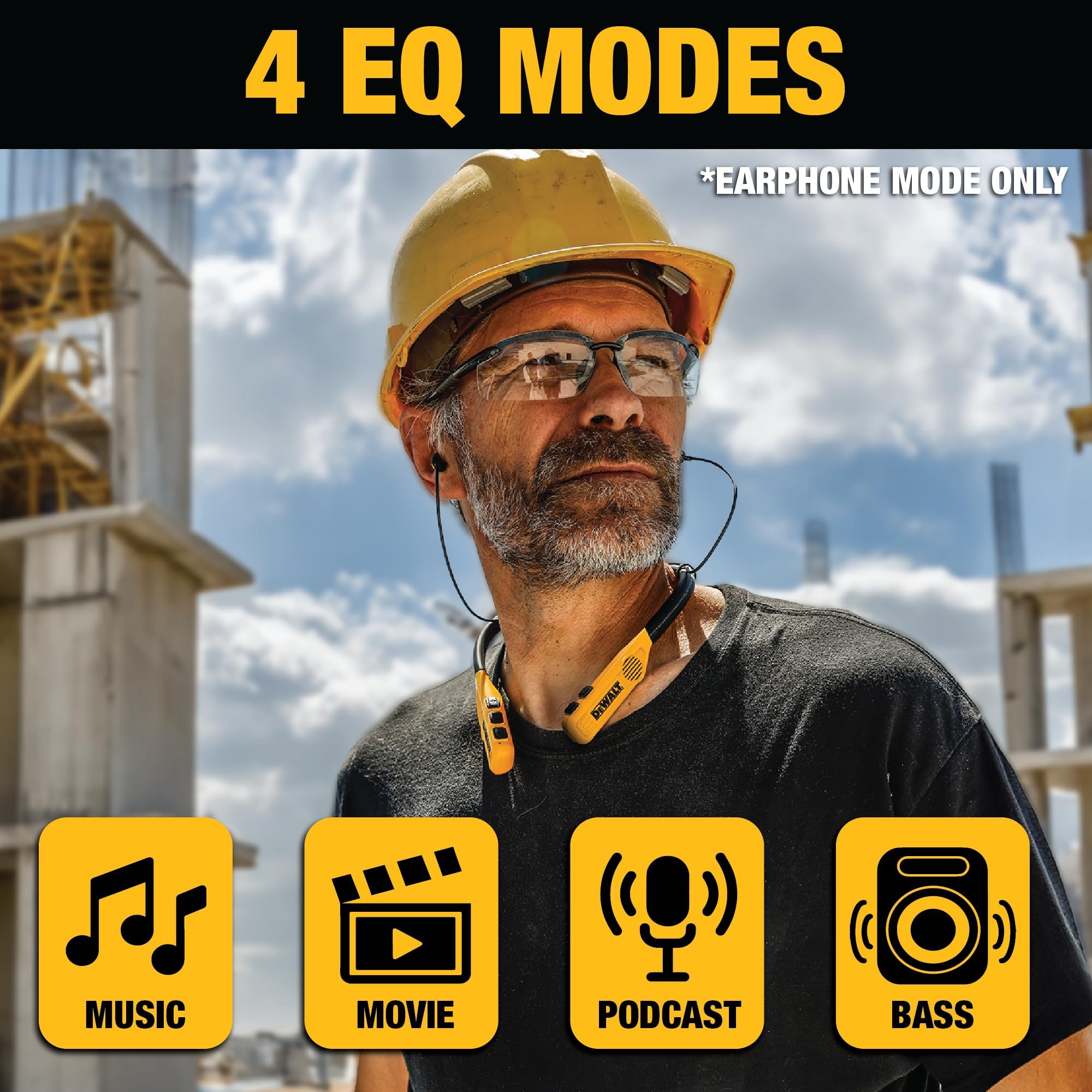 DEWALT 2-in-1 Neckband Bluetooth Headphones with Built-in Speakers - Jobsite Wearable Speaker & Neck Headphones - 60+ Hours Wireless Bluetooth Headset for Hands-Free Music & Calls - Includes Carry Pouch - Perfect for Construction Workers, Gym Enthusiasts & Outdoor Activities