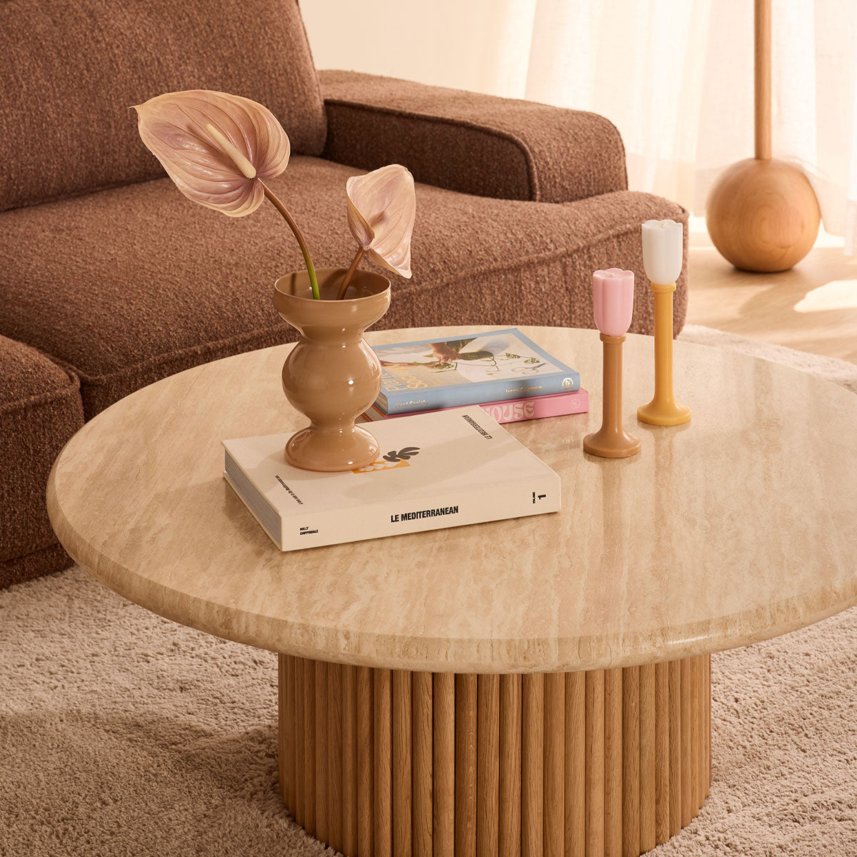 Modern Oak & Travertine Coffee Table - 100cm Round Mid-Century Style Living Room Centerpiece for Home Decor & Entertaining