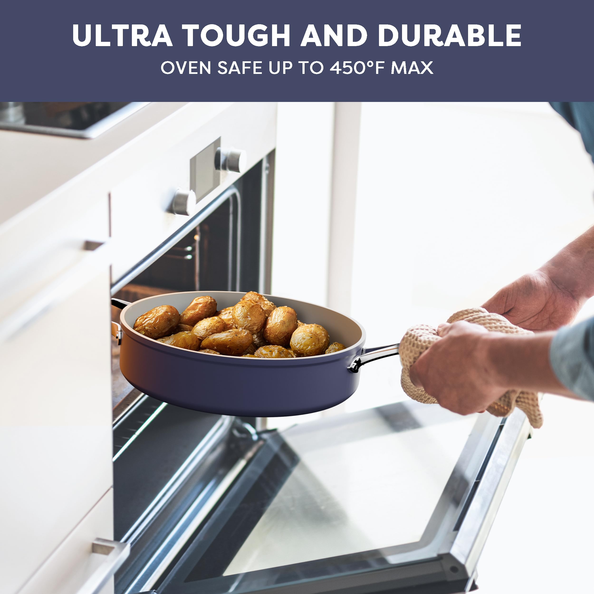 CIARRA 4.4 QT Nonstick Ceramic Saute Pan with Glass Lid - PFOA Free, Oven Safe to 450°F - Blue Deep Frying Pan for Gas, Electric & Induction Stovetops - Perfect for Searing, Frying & Sauteing Vegetables, Meat & Pasta