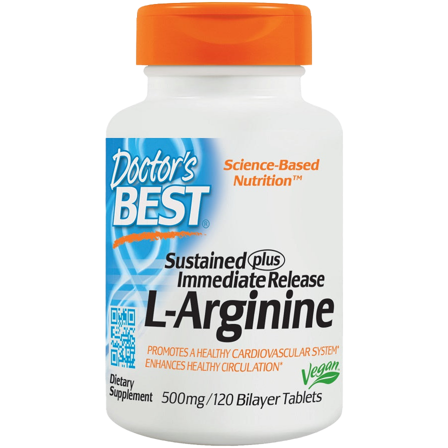 Doctor's Best L-Arginine 500mg - 120 Tablets with Sustained & Immediate Release for Heart Health, Blood Flow & Exercise Performance | Supports Nitric Oxide Production & Cardiovascular Wellness