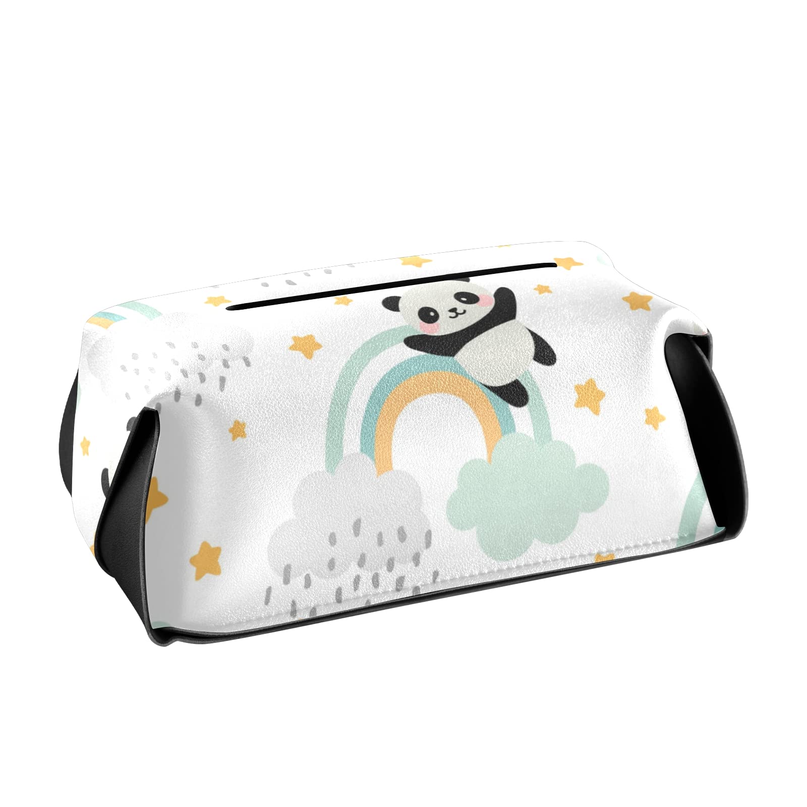 Seamless Panda Tissue Box Cover - Cute Flying Panda with Rainbow Clouds & Stars Design - Rectangle Leather Holder with Handle - Perfect for Bathroom, Home, Night Stand, Vanity, Office Desk & Car (9.4x5.1x3.6 inches) - Great for Home Decor & Gift Giving
