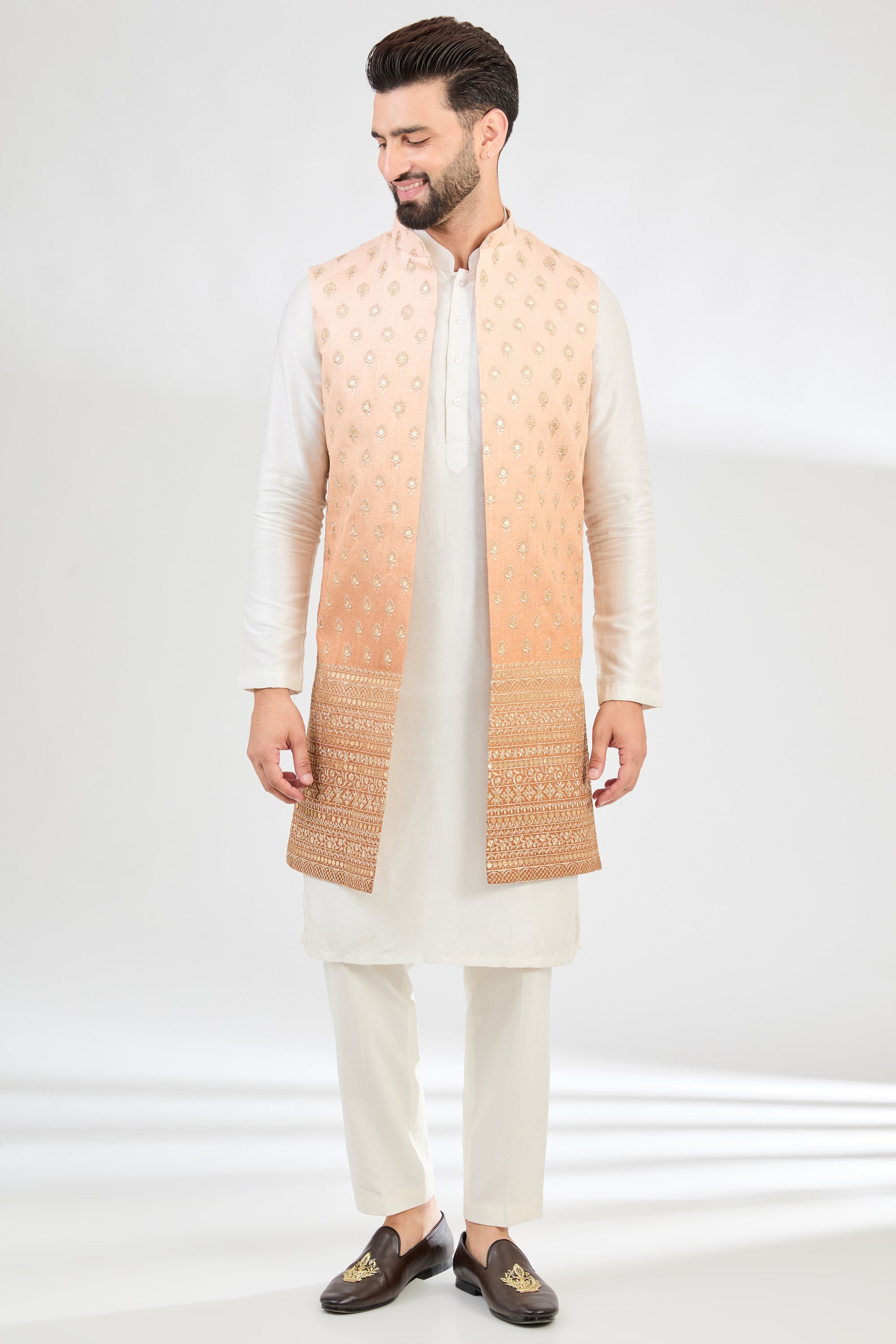 Coral Peach Ombre Long Open Shrug with Zari Embroidery - Elegant Cover-Up for Weddings, Parties & Evening Events