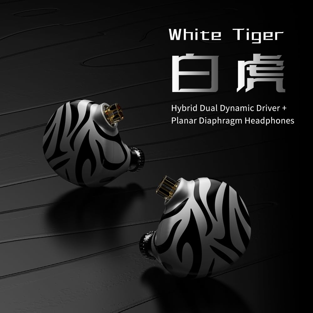 TRN White Tiger Hybrid Dual Dynamic Driver & Planar Diaphragm 0.78mm 2Pin HiFi Earphones (No Mic) - Audiophile IEMs for Music Production, Gaming & Critical Listening