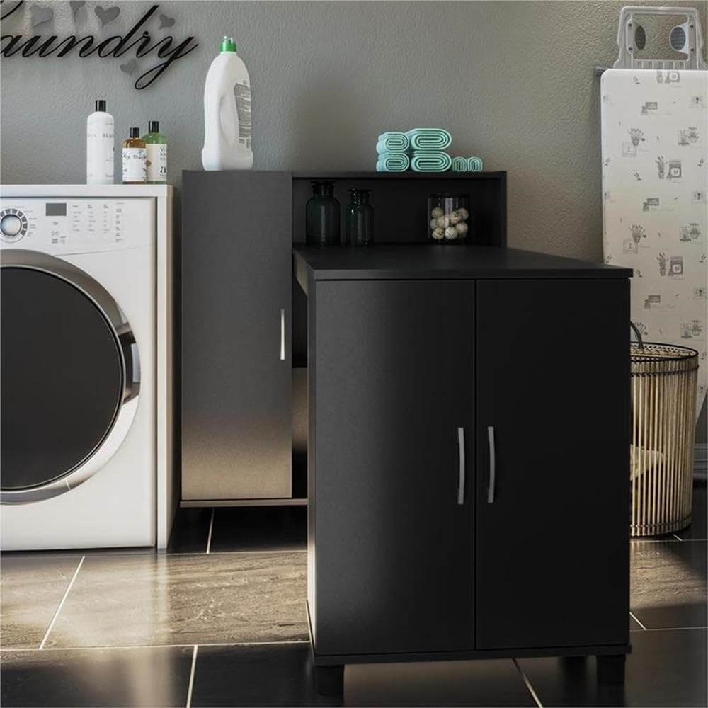 Pemberly Row Transitional Wood Hobby and Craft Desk with Storage Cabinet in Black - Perfect for DIY Projects, Home Office & Craft Room Organization