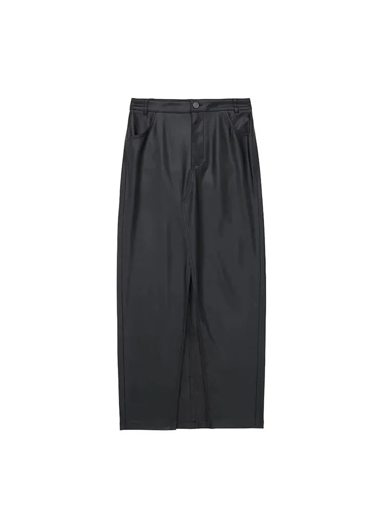 Stylish Faux Leather Midi Skirt for Women - High Waist Zipper Fly Design with Side Pockets | Perfect for Fall Fashion, Office Wear & Night Out Outfits