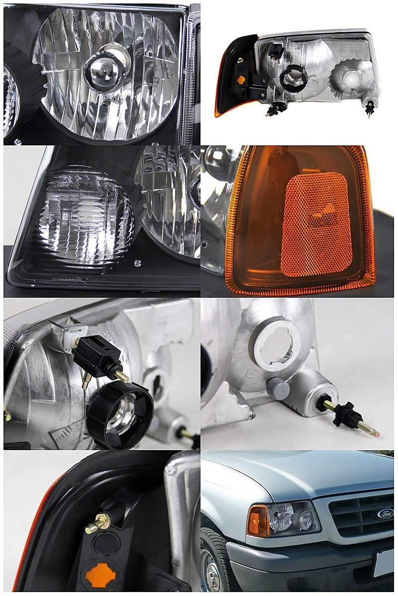 Euro Diamond Black Headlights with Amber Corner Lamps - Compatible with Ford Ranger 2001-2011 Models | Durable Replacement for Enhanced Night Visibility & Stylish Upgrade