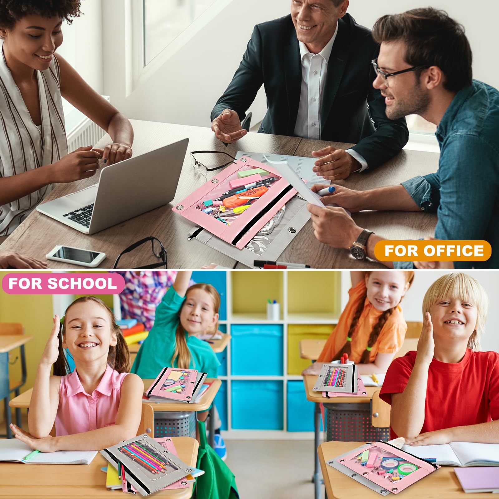 Officygnet 2-Pack Zippered Pencil Pouch for 3-Ring Binder - Clear Window School & Office Supply Organizer - Cloth Pencil Case with 3-Hole Binder Fit (Pink) - Perfect for Students, Teachers & Office Organization