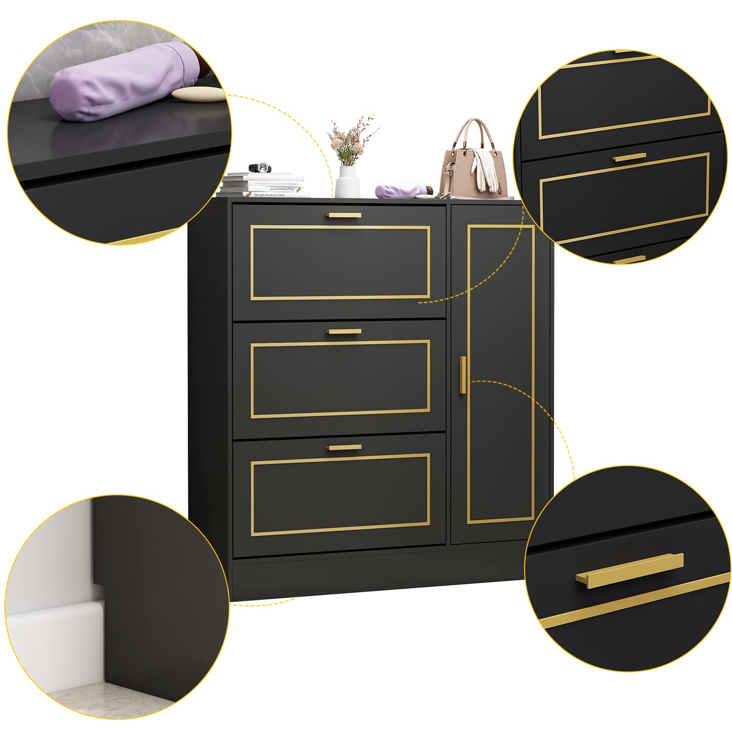 FUFU&GAGA 3-Drawer Shoe Cabinet with Storage Shelf - Modern Entryway Shoe Organizer, Freestanding Shoe Rack for Hallway (Black, 47.2”W x 9.5”D x 47.2”H) - Perfect for Small Spaces & Apartment Living