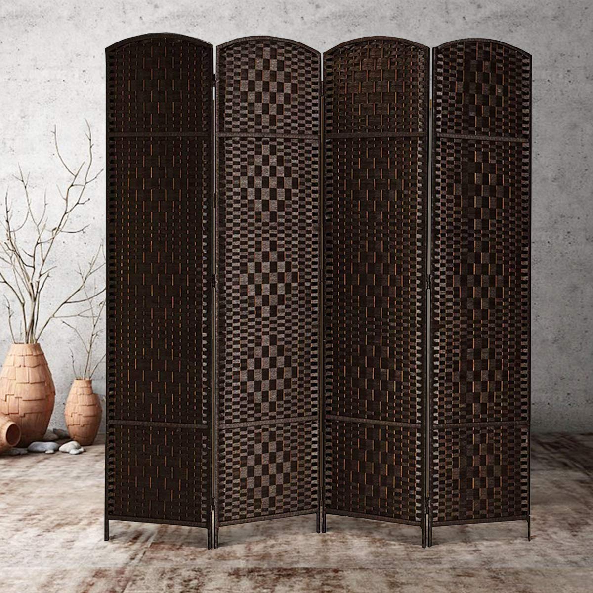 6 FT Tall Room Divider - 4 Panel Woven Fiber Privacy Screen for Home & Office - Freestanding Folding Partition in Dark Brown - Perfect for Living Rooms, Bedrooms, and Workspaces