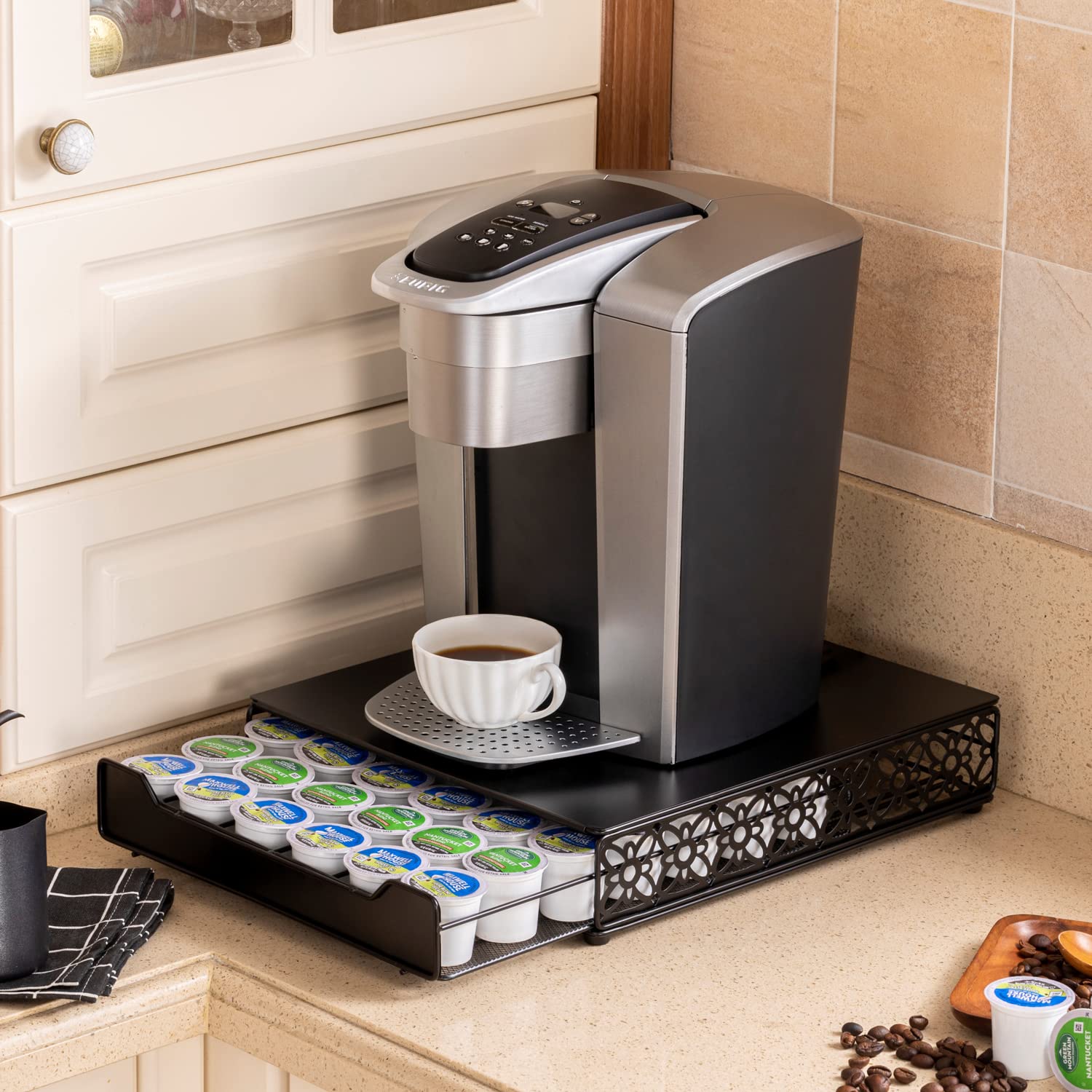 Premium Keurig Coffee Pod Storage Drawer - 42-Count K-Cup Organizer with Durable Iron Construction | Perfect for Kitchen Countertops, Office Break Rooms & Home Coffee Stations