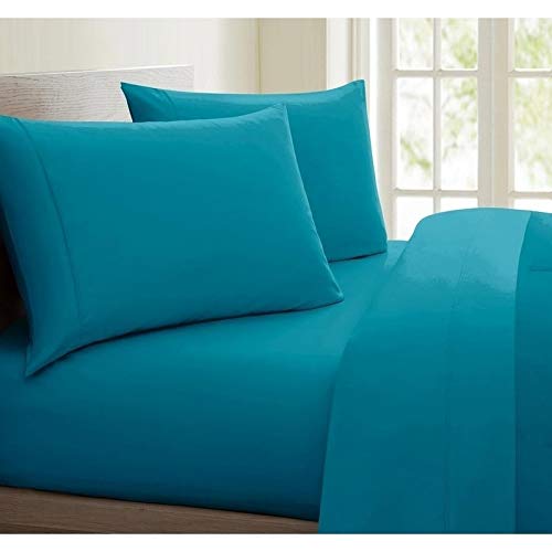 Premium 4-Piece 1000 Thread Count Cotton Sheet Set - Lightweight, Silky Smooth & Deep Pocket Fitted - Modern Solid Teal Color - Perfect for Master Bedroom, Guest Room & Dorm Use