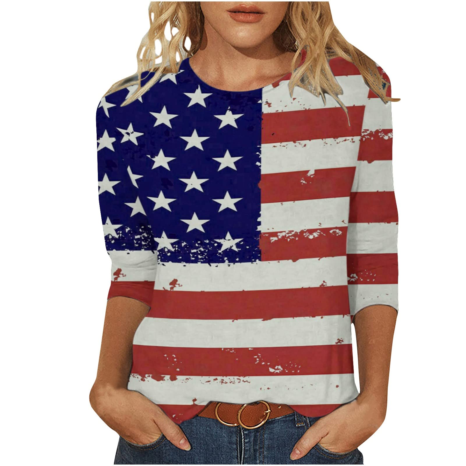 Patriotic Women's Red White and Blue Round Neck 3/4 Sleeve Blouse - July 4th American Flag Star Shirt for Independence Day Celebrations, BBQ Parties & Fireworks Events