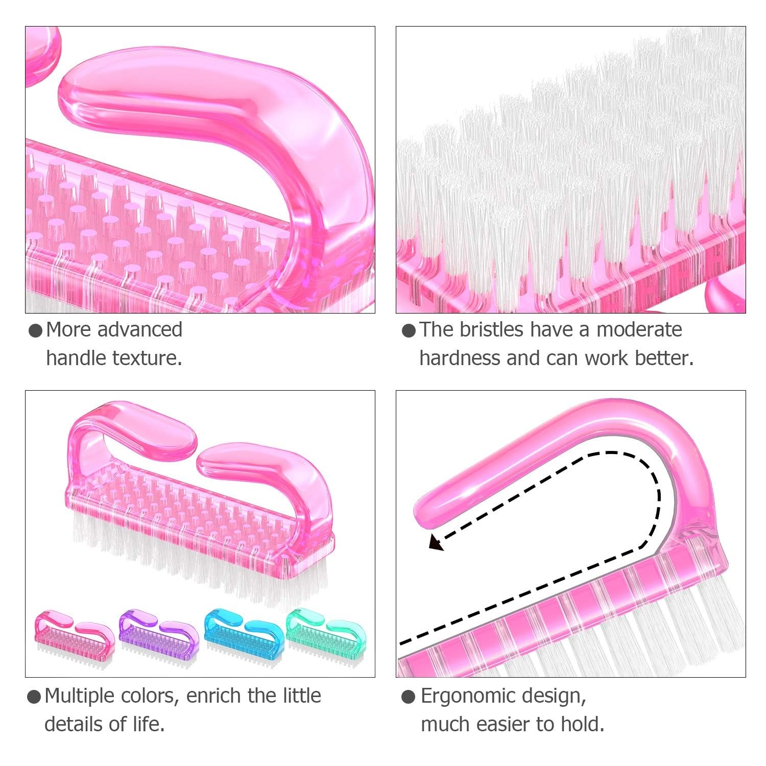FACEJEWEL Nail Cleaning Brush Set - 4 Pack Multicolor Hand & Toe Scrub Brush with Ergonomic Handle for Manicure & Pedicure - Perfect for Home Spa, Salon Care, Travel Hygiene & Gift Sets