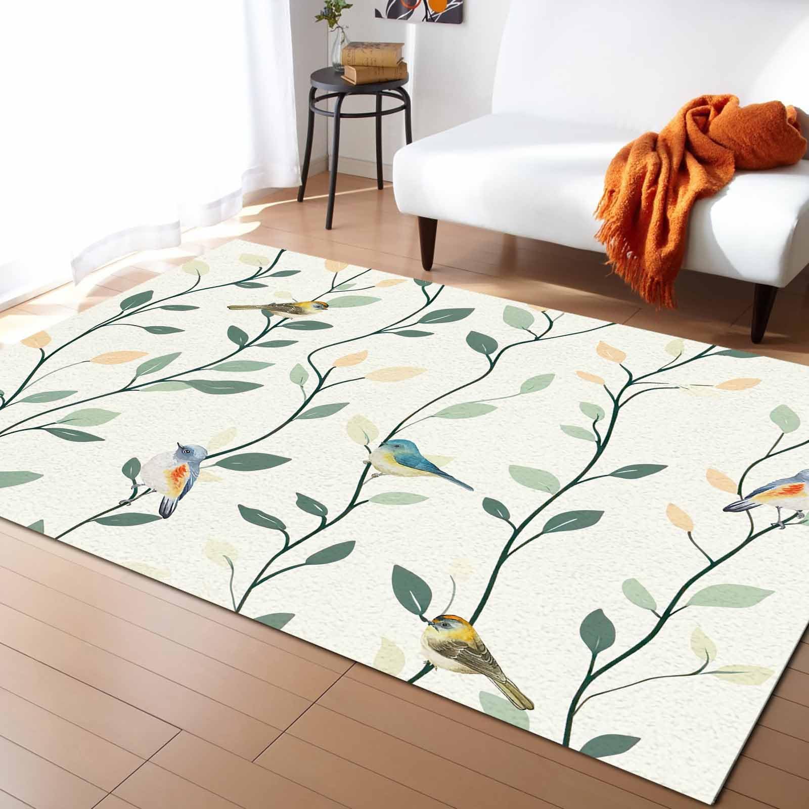 4'x6' Green Botanical Non-Slip Indoor Area Rug - Watercolor Birds Design Bathroom & Kitchen Runner Mat for Bedroom, Living Room, Kids Room | Spring Summer Decor, Home & Office Floor Covering