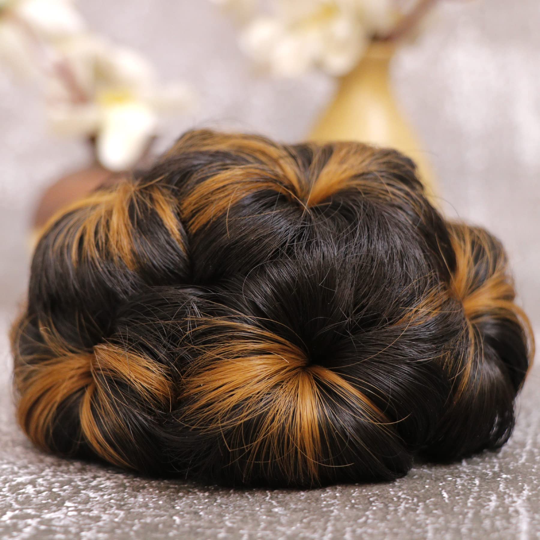 NAVMAV Hair Bun Extensions - Wavy Curly Messy Donut Chignon for Bridal & Wedding Hairstyles (Dark Golden Highlight) - Perfect for Updos, Prom, and Special Occasions