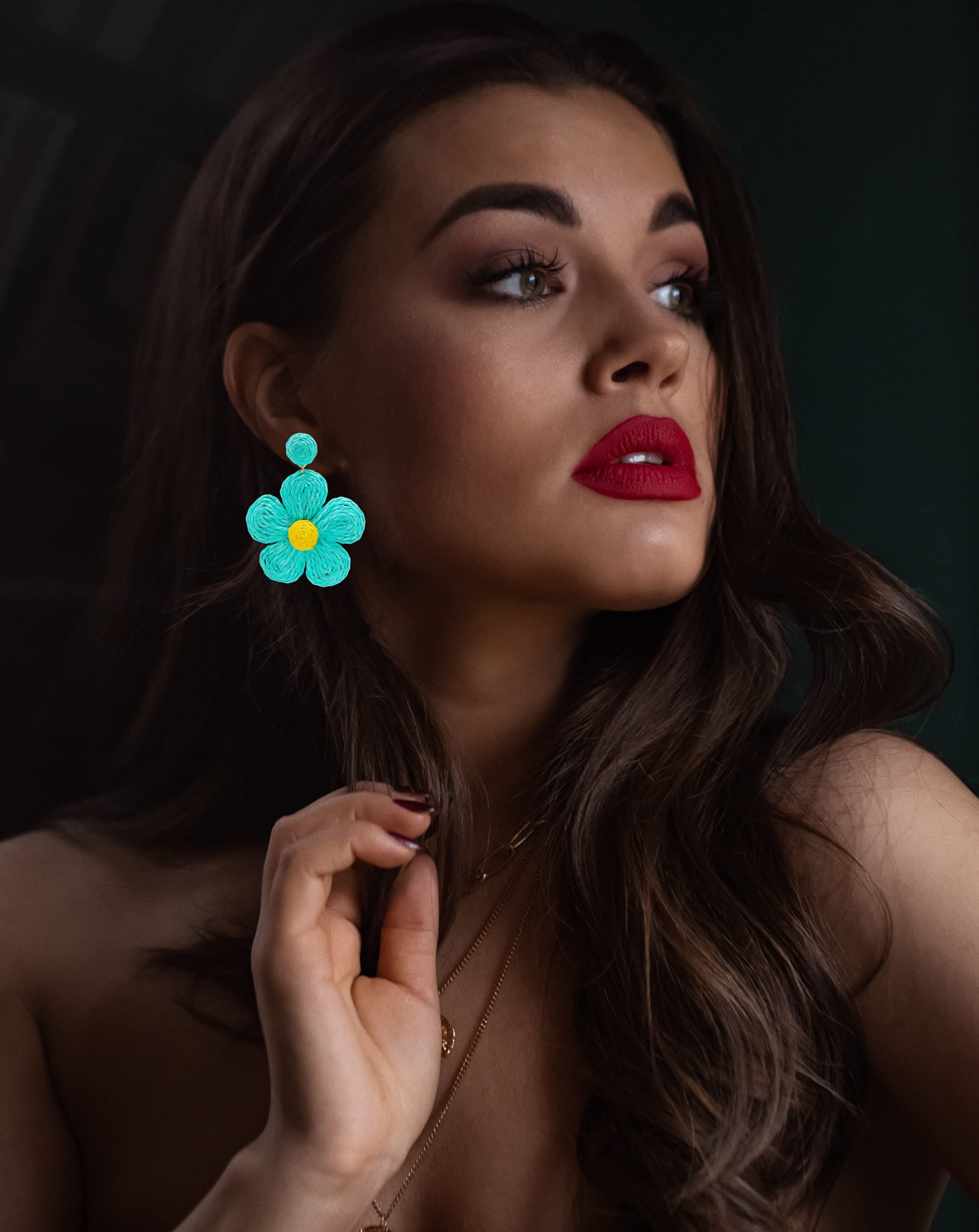 Boho Geometric Round Flower Rattan Drop Dangle Earrings for Women - Handmade Braid Straw Wicker Statement Earrings | Perfect for Beach Vacations, Summer Parties & Boho Fashion Accessories