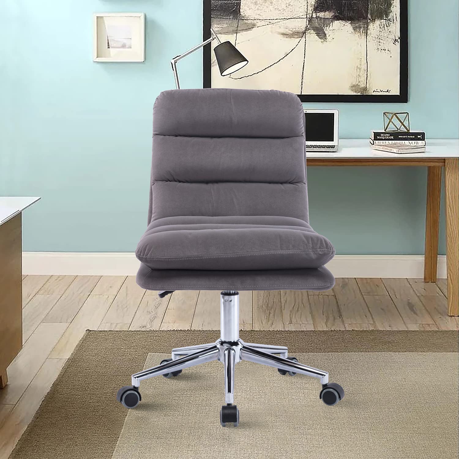 Velvet Swivel Office Chair - Armless Upholstered Computer Desk Chair with Adjustable Height & Smooth Rolling Wheels for Home Office, Study Room, or Bedroom (Gray) - Perfect for Remote Work, Gaming & Online Study