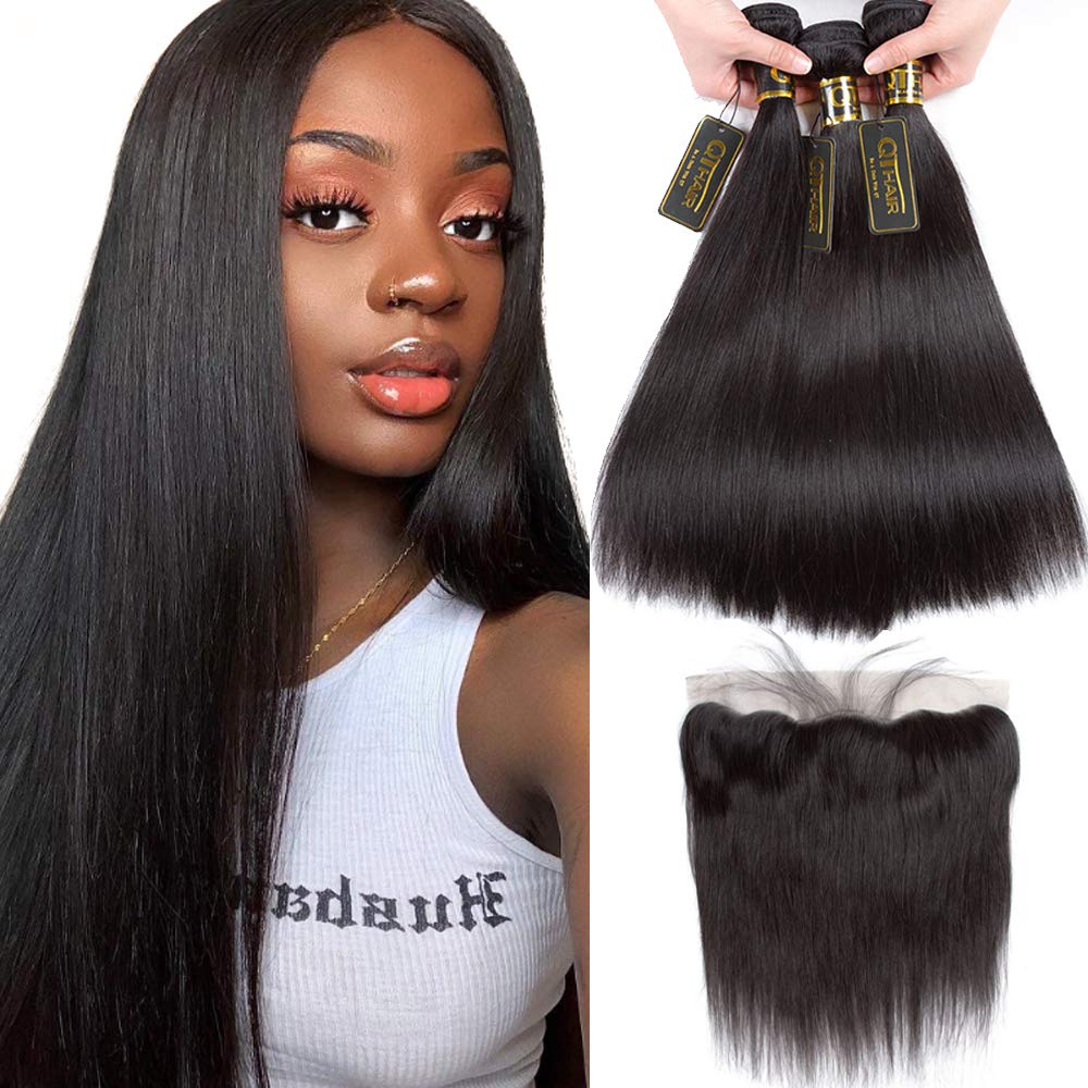QTHAIR 14A Grade Brazilian Straight Human Hair Bundles with Lace Frontal - 100% Unprocessed Virgin Hair (12