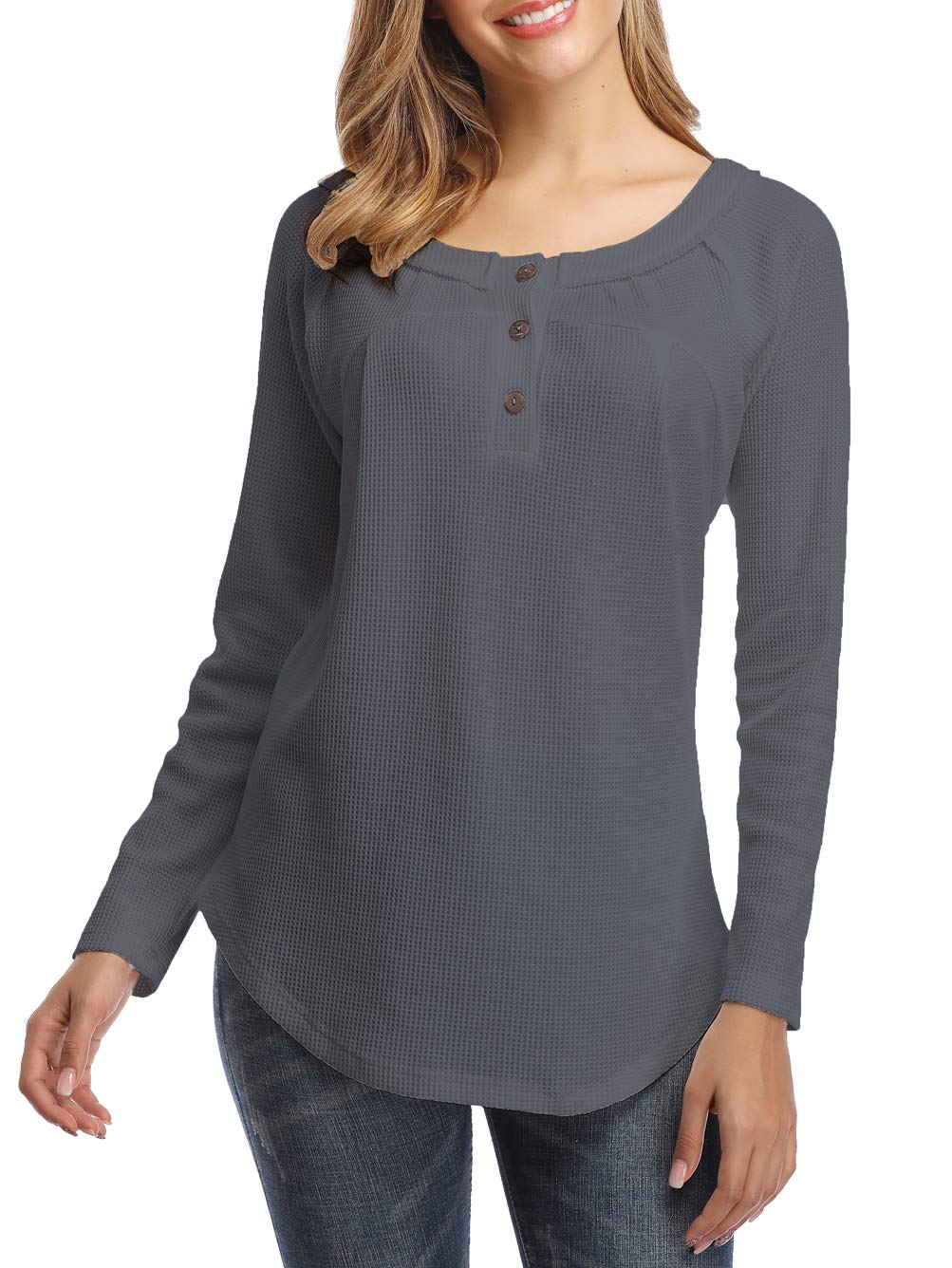 Voopptaw Women's Waffle Knit V-Neck Long Sleeve Button Up Henley Shirt - Casual Fall & Winter Tops for Layering, Office Wear & Everyday Outfits