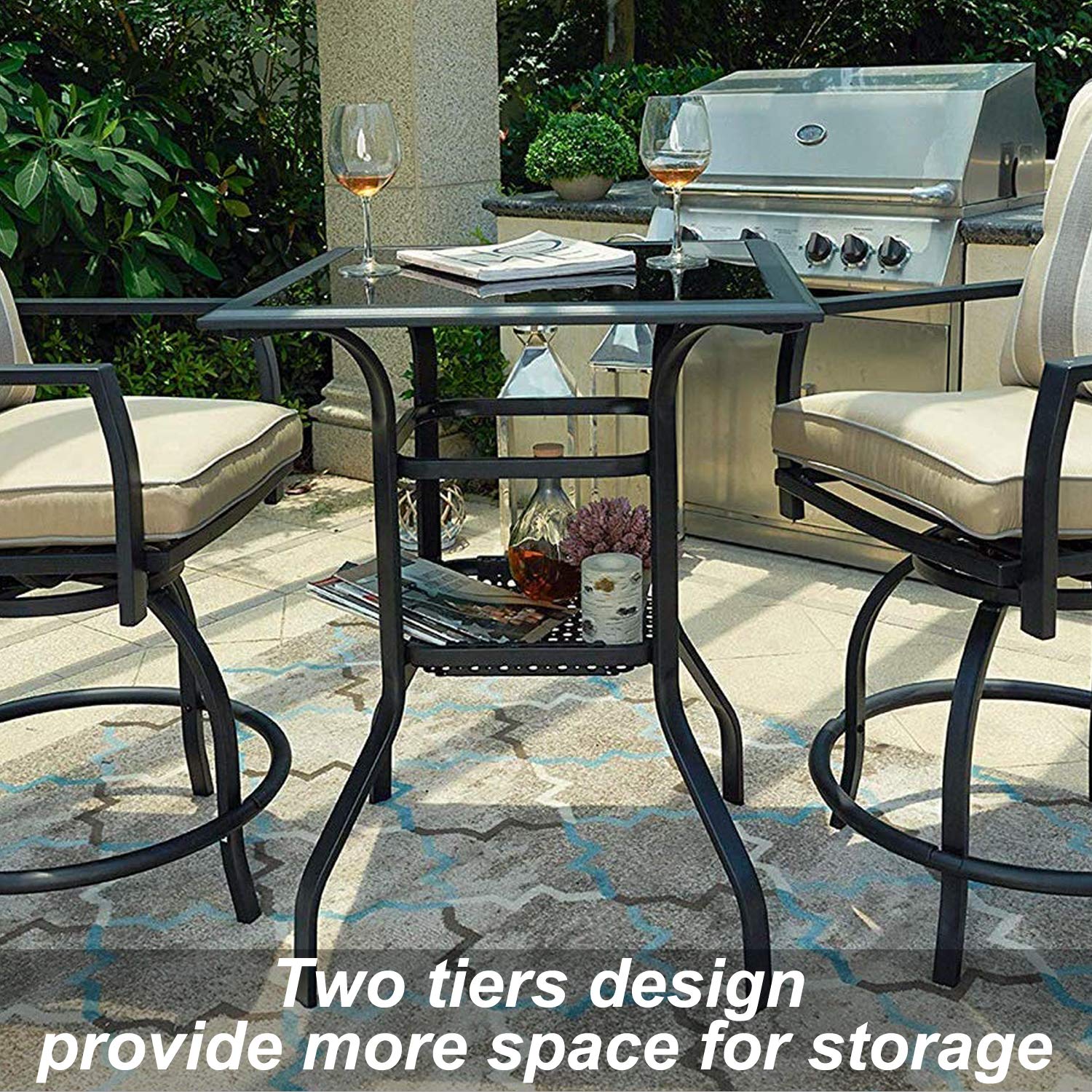 **3-Piece Outdoor Bistro Set - Swivel Bar Stools with Yard Armrests & Glass Top Table - All-Weather Steel Frame Patio Furniture for Backyard, Garden, or Poolside Dining**