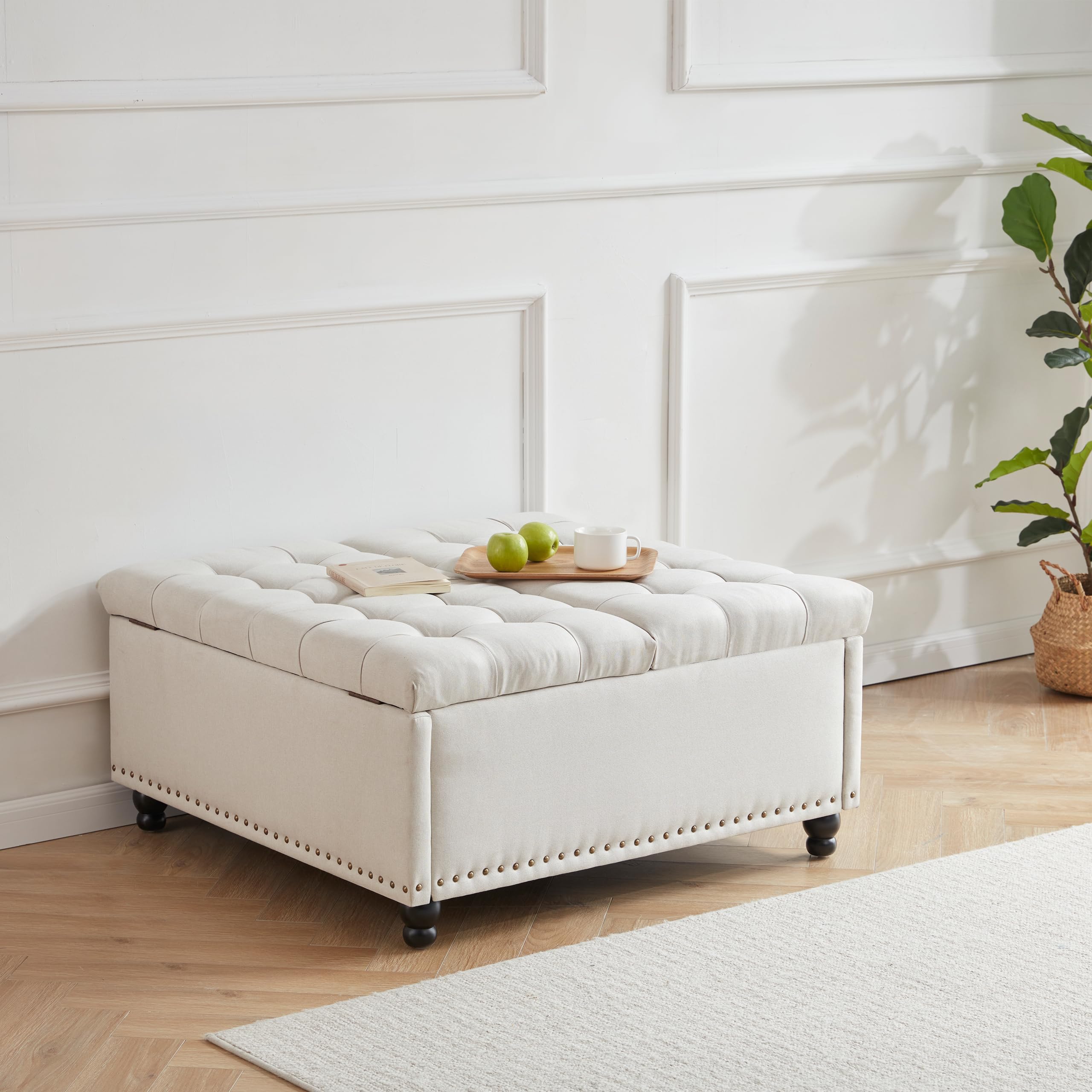 Tbfit Large Square Storage Ottoman Bench with Lift Top - Tufted Upholstered Coffee Table with Solid Wood Legs, Oversized Toy Storage Box for Living Room, Bedroom & Nursery (Beige) - Perfect for Home Organization, Extra Seating and Hidden Storage
