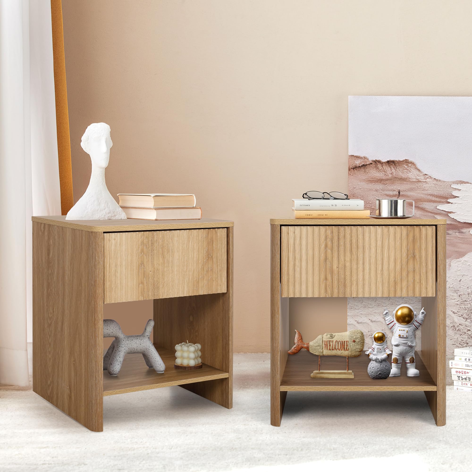 Modern Boho Nightstand Set of 2 with Drawer - Wood Fluted Cabinet Bedside Tables with Storage for Small Spaces - Perfect for Bedroom, Living Room & Apartment Decor