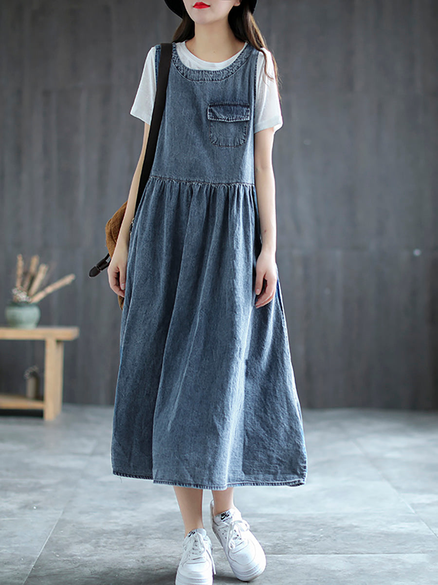 Plus Size Denim Pleated Long Sleeveless Pinafore Dress for Women - Casual Summer Jumper Dress for Outfits & Layering