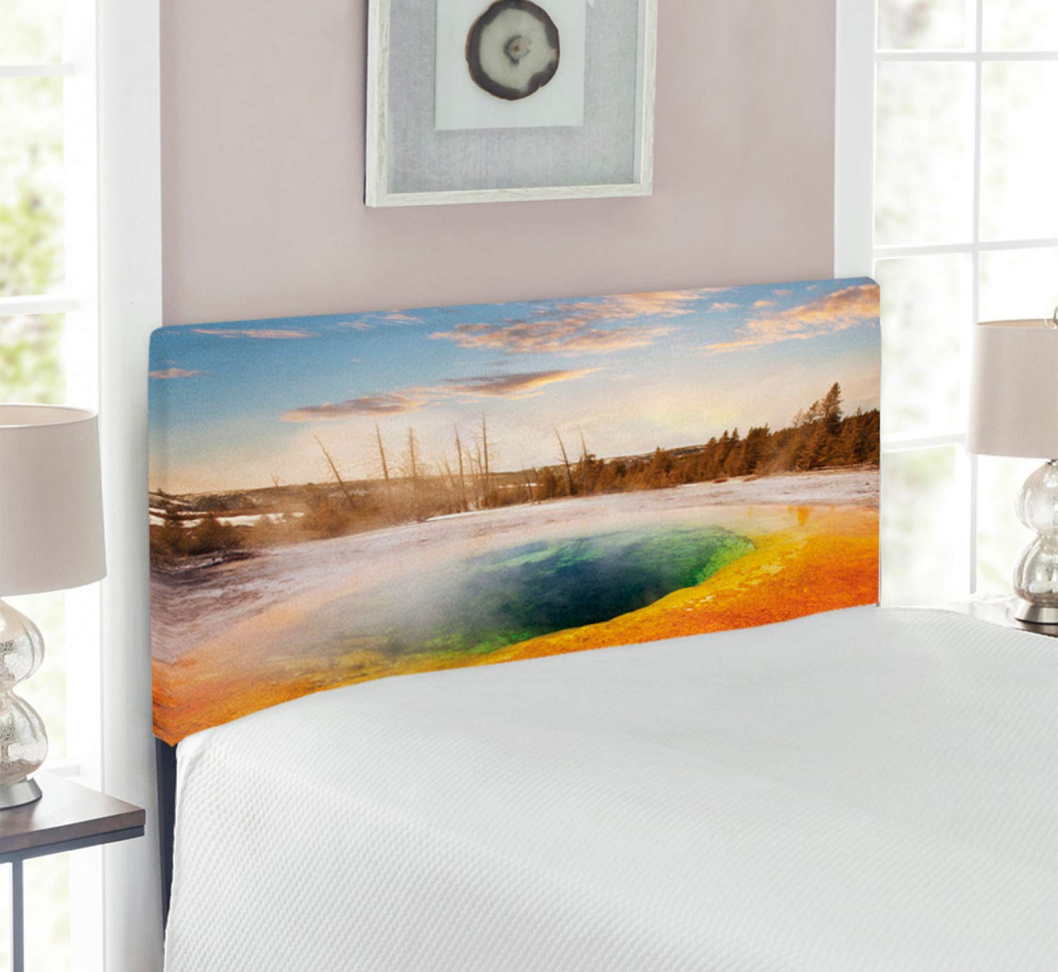 Ambesonne Yellowstone Headboard - Morning Glory Pool Winter Scene Upholstered Metal Bed Frame with Memory Foam, Twin Size, Orange Brown | National Park Themed Home Decor for Bedroom & Guest Room