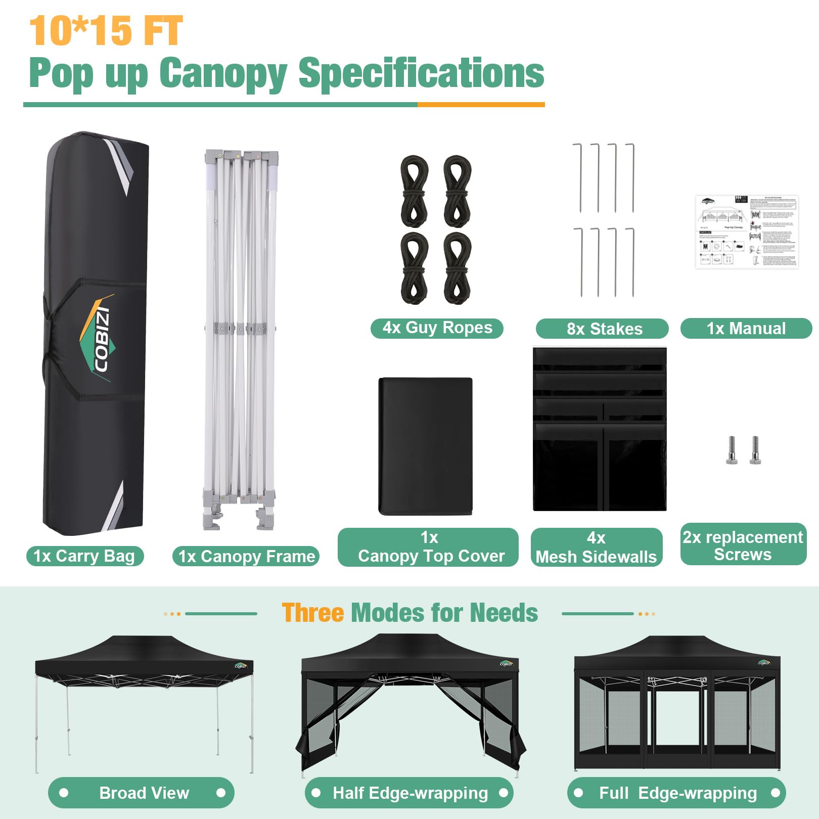 COBIZI 10x15 Heavy Duty Waterproof Pop Up Canopy Tent with Sidewalls & Mosquito Net - Easy Setup Instant Shelter for Outdoor Events, Weddings, Backyard Parties - Includes Carry Bag (Black) | Perfect for Camping, Beach Trips, Farmers Markets and Tailgating