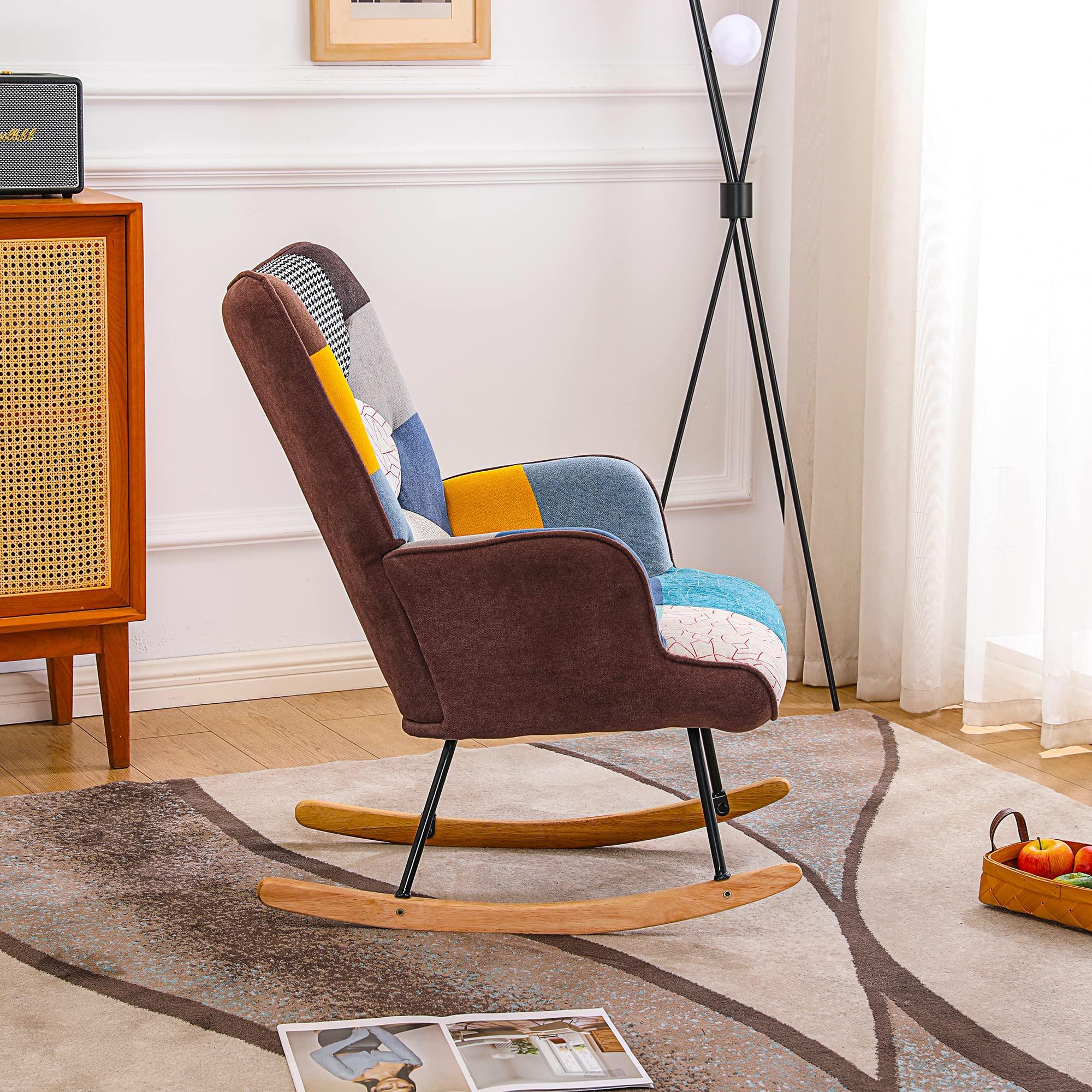 HomVent Upholstered Rocking Chair - Mid Century Modern Fabric Nursery Glider with Tall Back & Wood Base - Comfortable Accent Armchair for Adults & Kids - Perfect for Living Room, Bedroom, Nursery & Relaxation