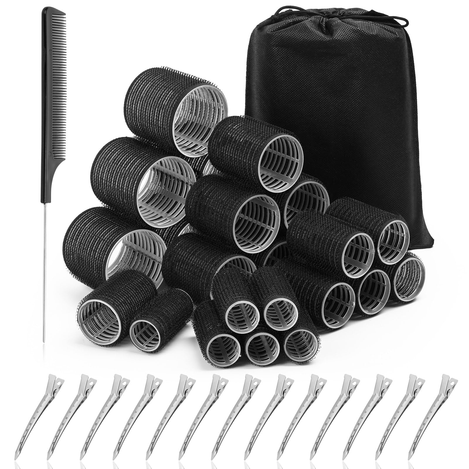Acejoz 38 Pcs Self Grip Hair Rollers Set with 4 Sizes - Includes 12 Hair Clips, Comb & Storage Bag for Voluminous Blowout Hairstyles - Perfect for Salon, Home Styling & Party Looks (Black)