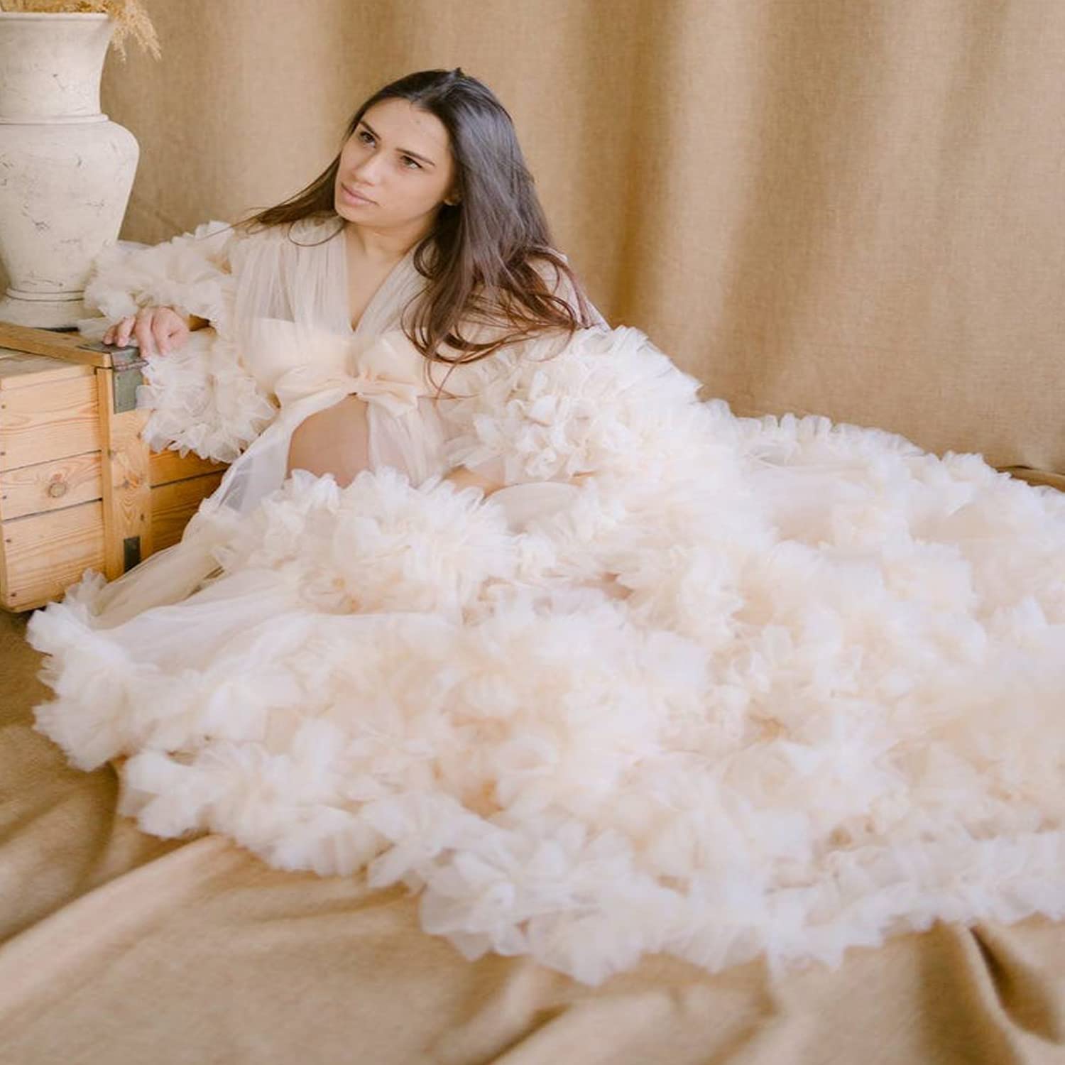 Elegant Tulle Robe Dress - Long Nightgown & Bathrobe for Women, Maternity Sleepwear Gown, Perfect for Pregnancy Photoshoot & Bridal Boudoir Photography