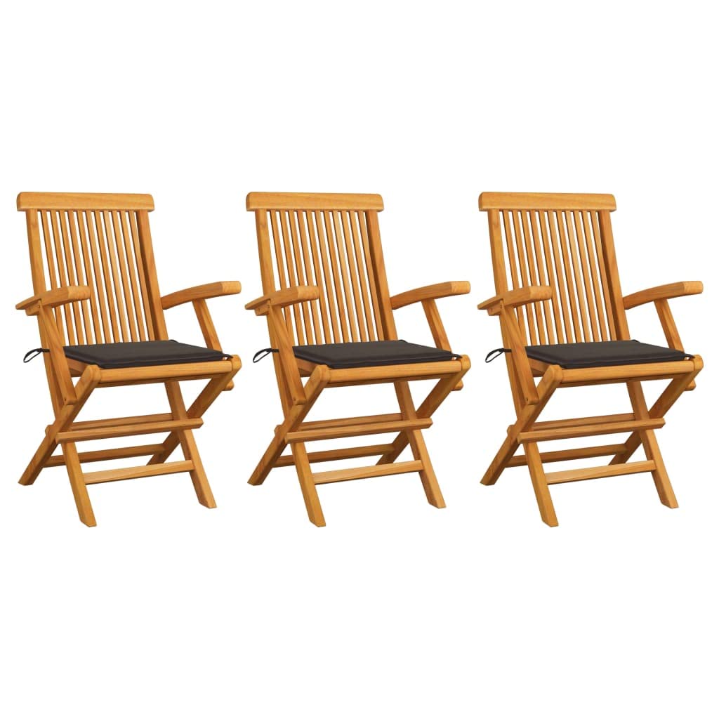 Premium Teak Wood Outdoor Dining Chairs Set of 3 - Patio Chairs with Armrests & Taupe Cushions for Garden, Backyard, Poolside & Restaurant Use