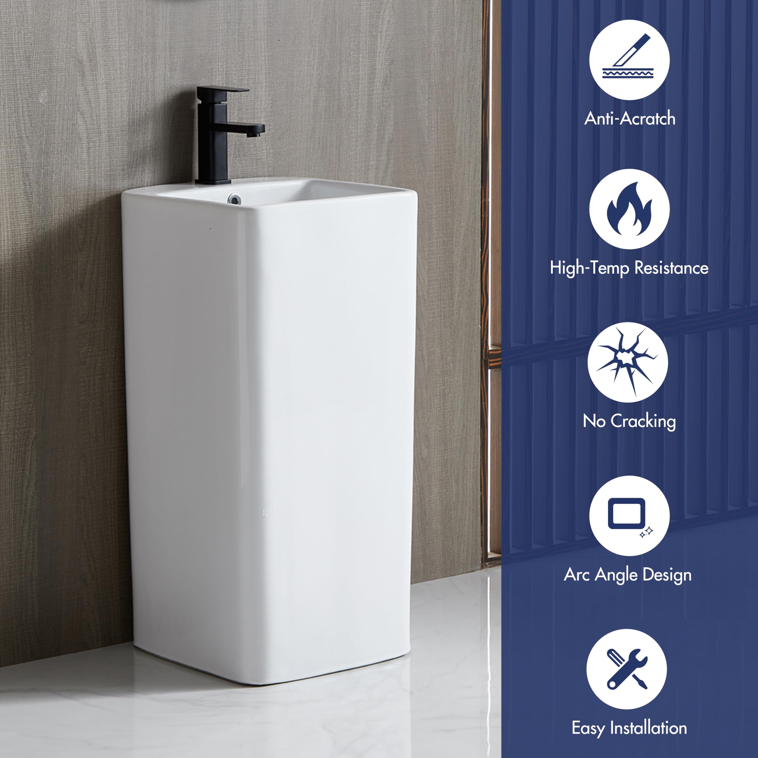 Eridanus 16x16 Inch Glossy White Vitreous Ceramic Pedestal Bathroom Sink with Overflow - Square One Piece Design for Modern Bathrooms, Powder Rooms & Guest Baths