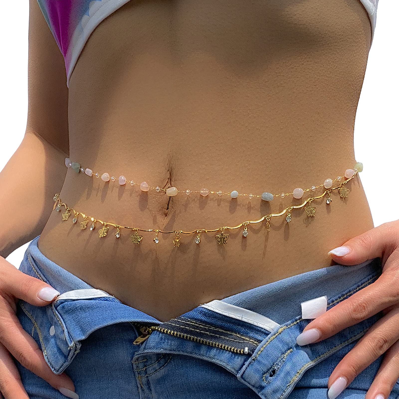 Stylish Green Gravel Pendant Metal Waist Chain - Summer Beach Body Jewelry for Women & Girls | Perfect for Swimwear, Music Festivals & Boho Fashion