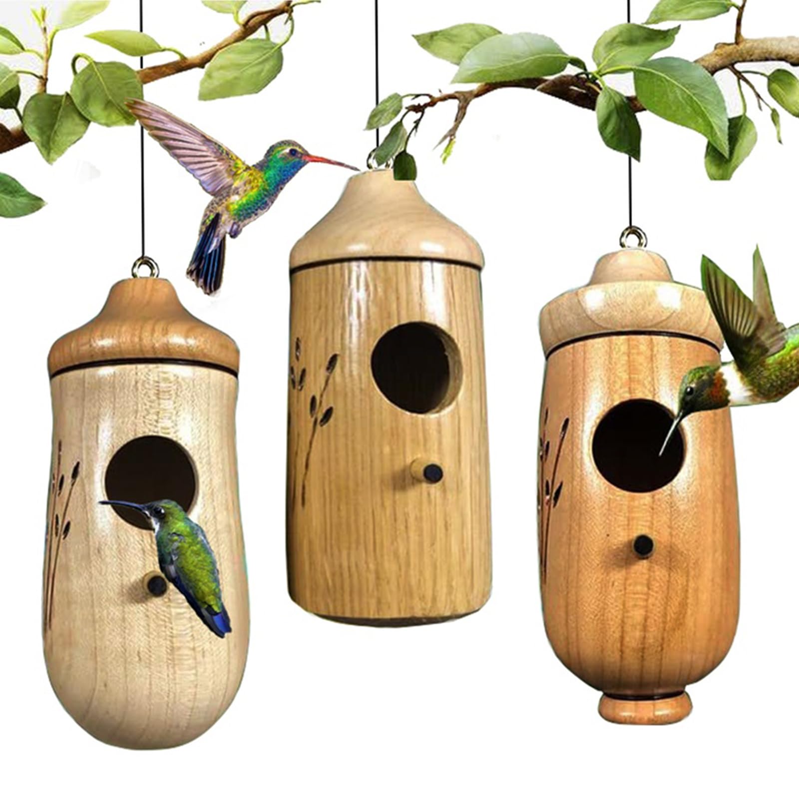 Natural Wooden Hummingbird Houses - 3 Pack Outdoor Hanging Birdhouses for Garden, Yard Decor & Unique Gardening Gifts | Attract Hummingbirds to Your Backyard or Patio