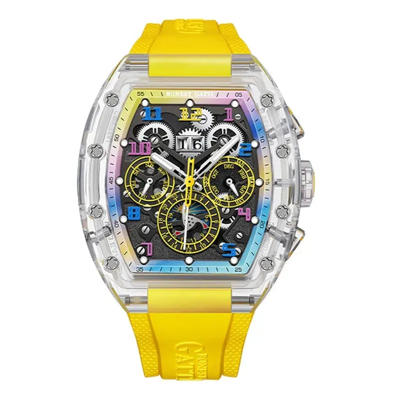BONEST GATTI Men's Automatic Mechanical Watch - 45mm Tonneau Crystal Case with Luminous Hands, Date Week Month Display, Durable Fluororubber Strap - Perfect for Business, Formal Events & Everyday Wear