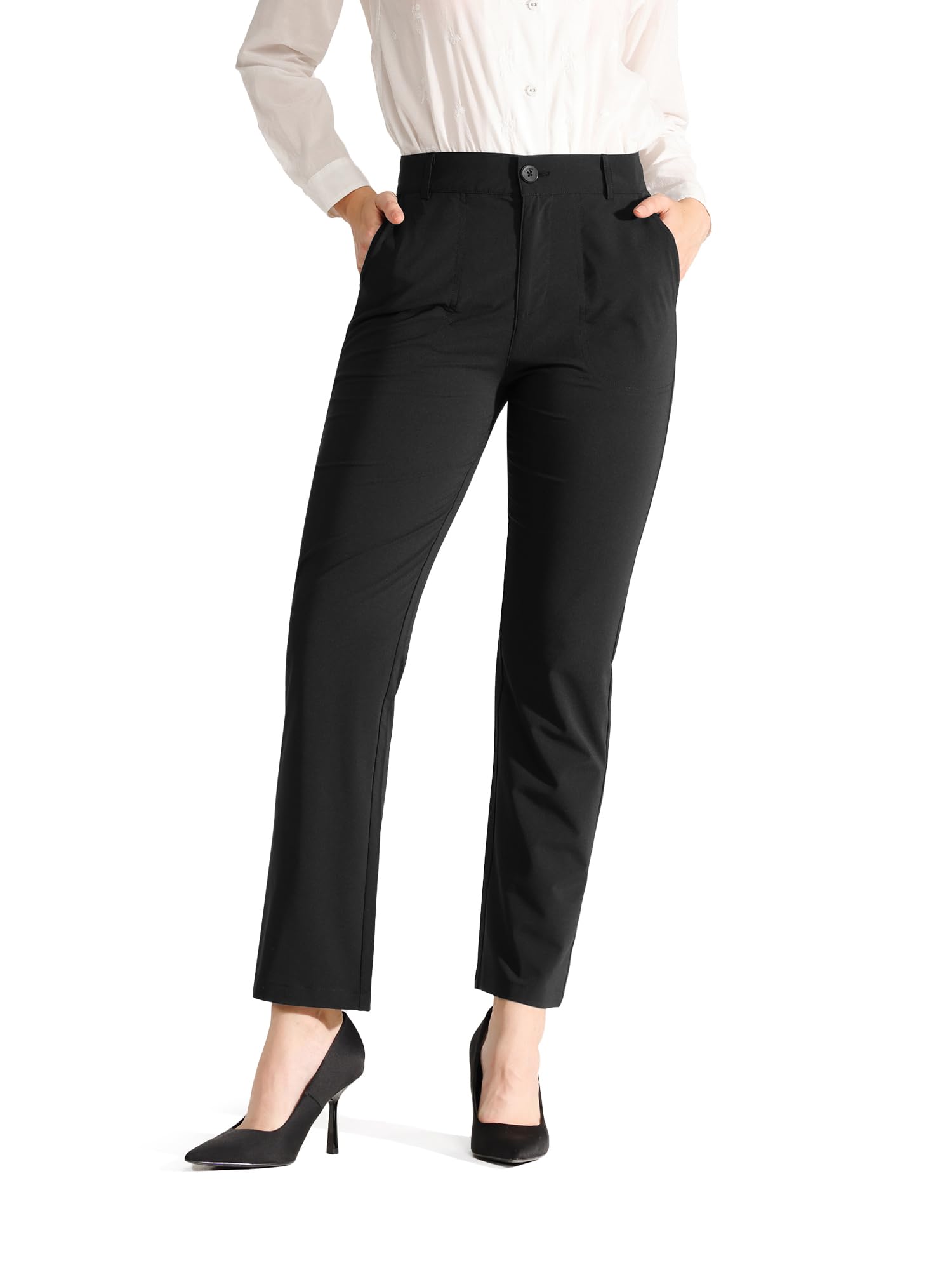 Bamans Women's High Waisted Work Dress Pants - Black Straight Leg Office Trousers for Business Professional Wear | Lightweight & Comfortable 30